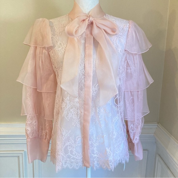 Alice + Olivia Tops - ALICE AND OLIVIA Talulah Blush Pink Peach Sheer Lace Ruffle Tie Bow Neck Blouse